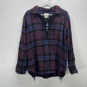 American Eagle Womens Medium Top‎ NWT Purple Plaid Flannel Distressed Lace Up